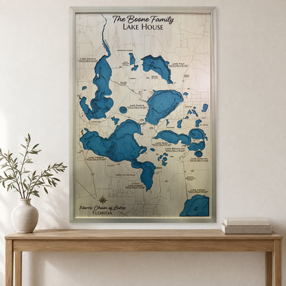 Harris Chain Boone wood map — multilayer, staged room mockup