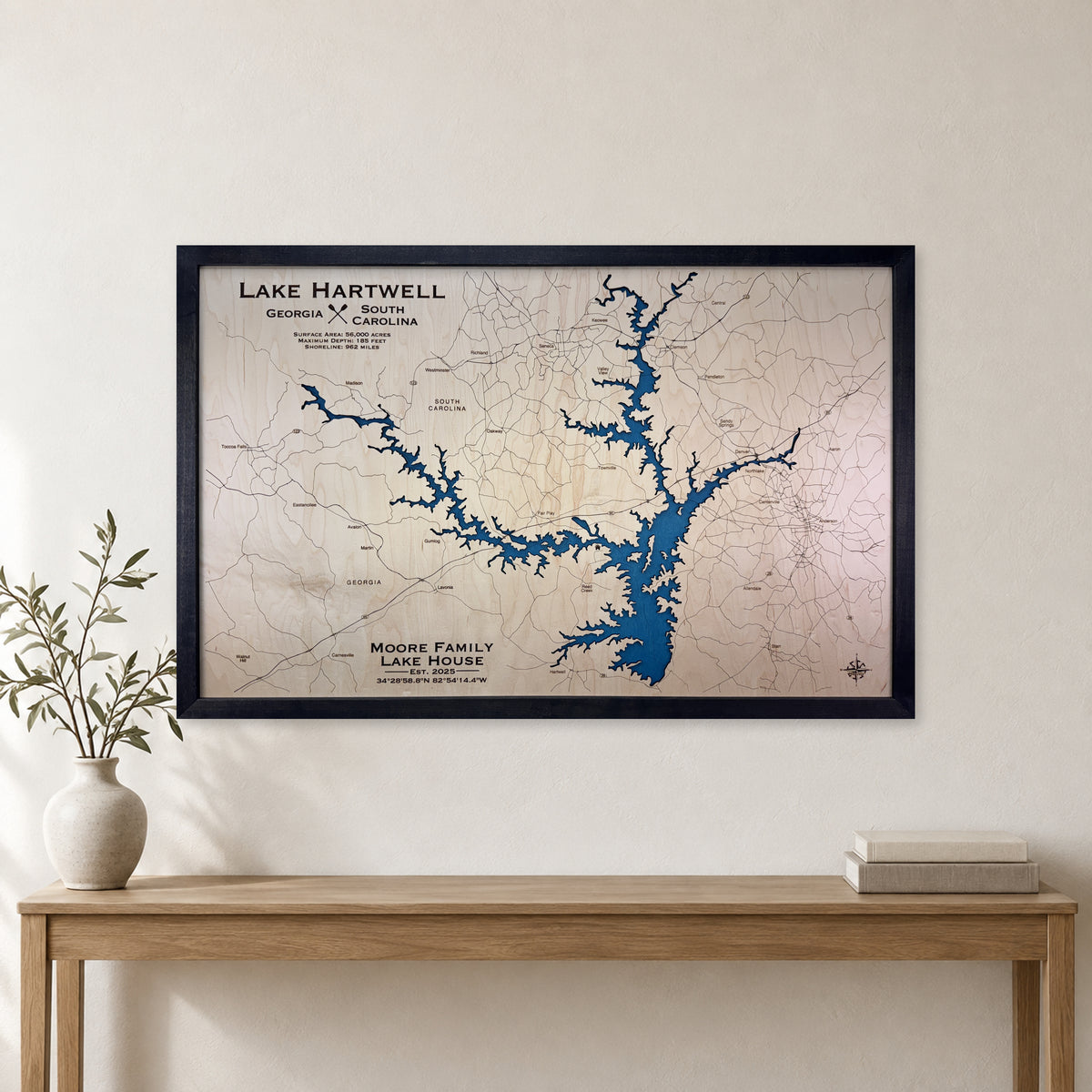 Hartwell Moore wood map — single layer, staged room mockup