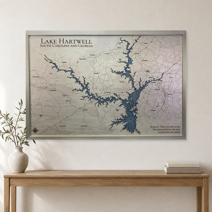 Hartwell Tye wood map — single layer with engraved contours, staged room mockup