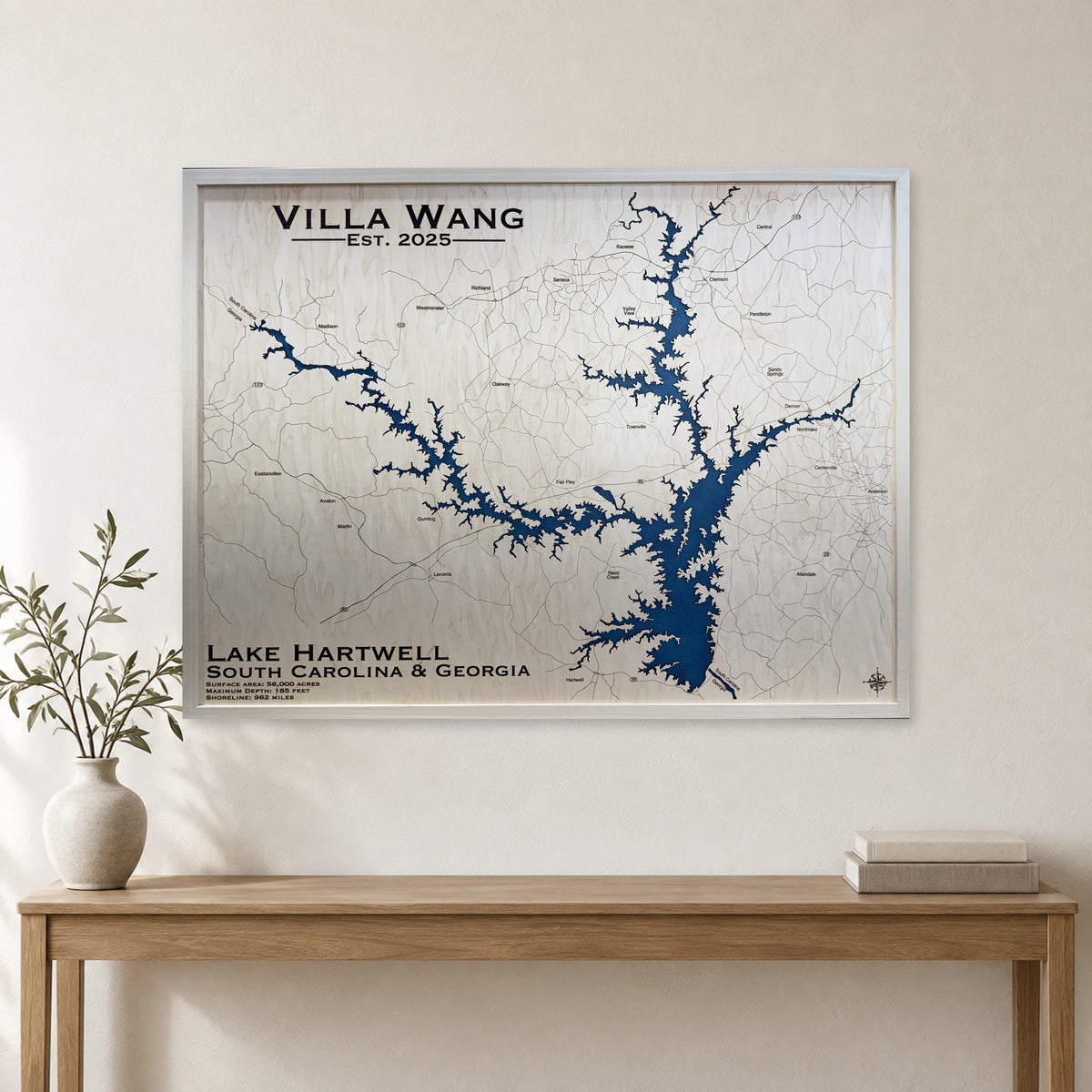 Hartwell Wang wood map — single layer, staged room mockup