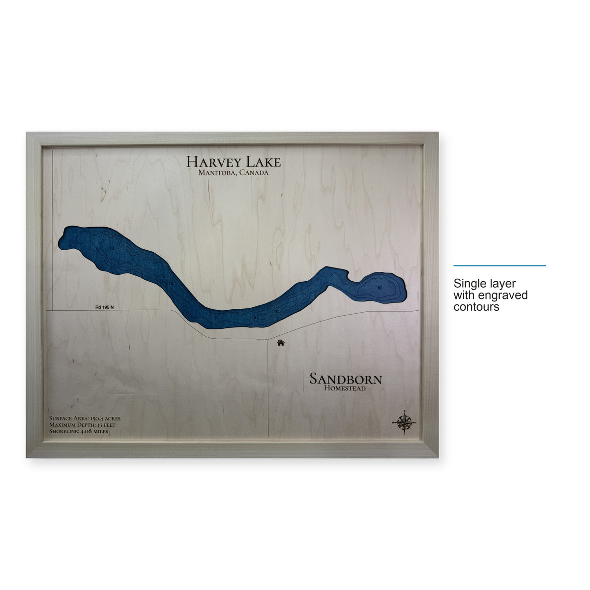 Harvey Sandborn wood map — single layer with engraved contours, layer option shown