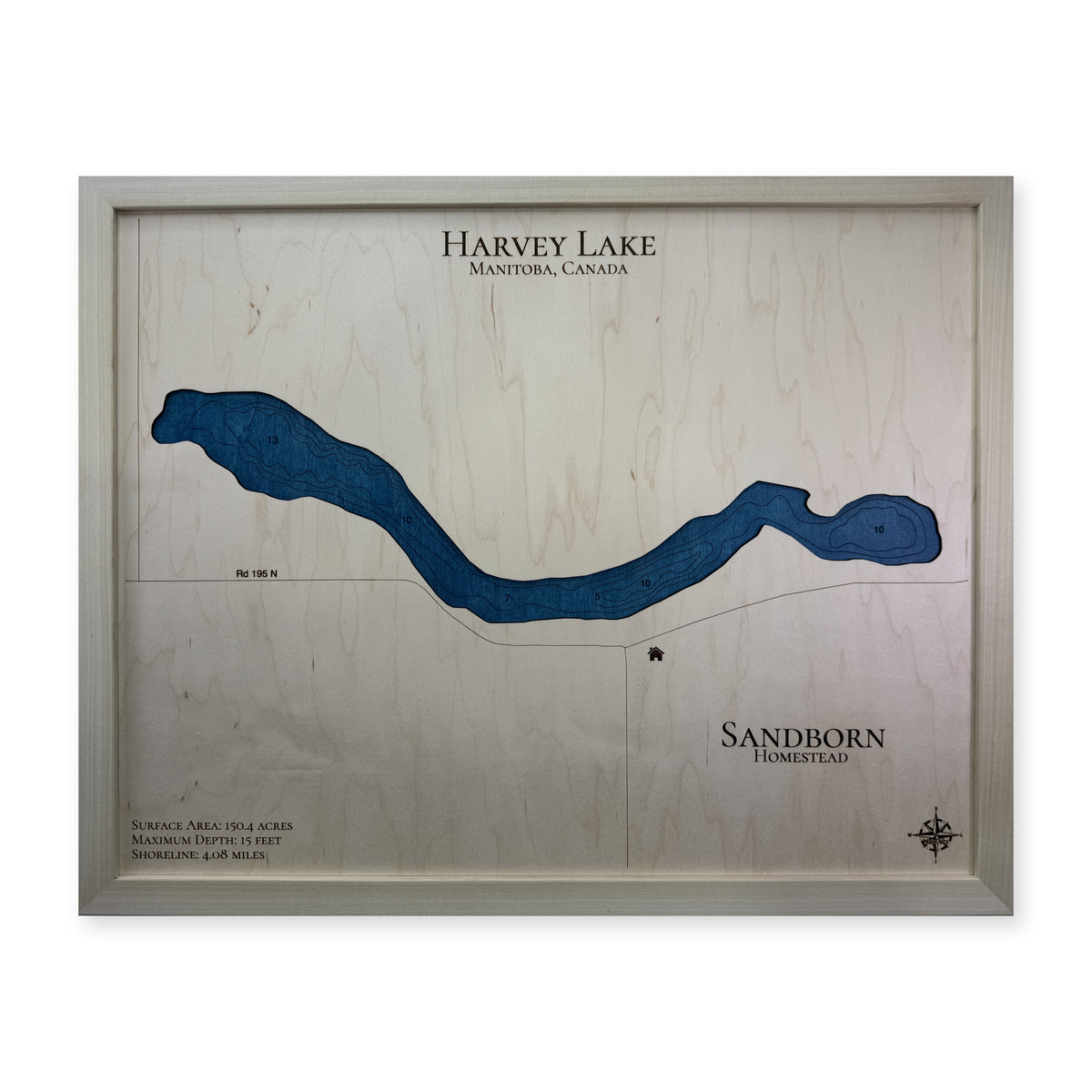 Harvey Sandborn wood map — single layer with engraved contours, white background