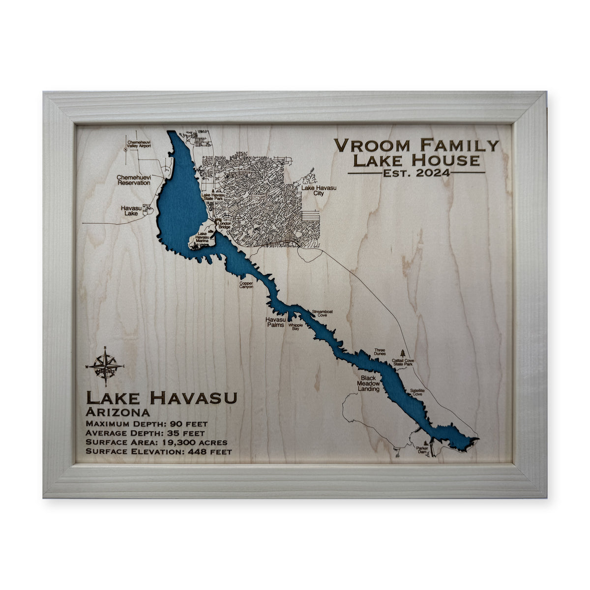 Havasu Vroom wood map — single layer, white background