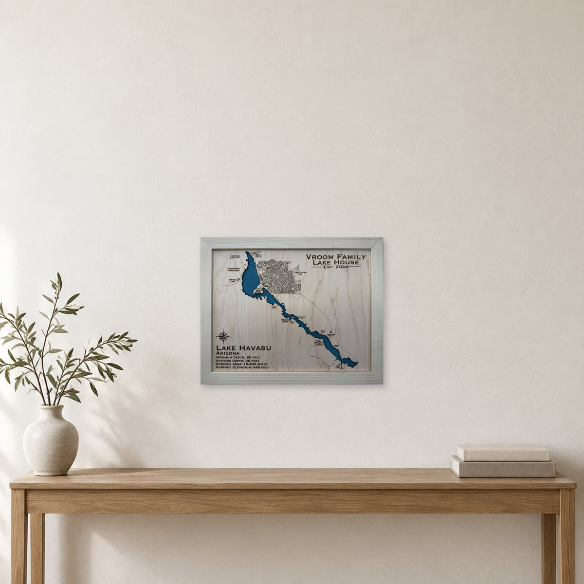 Havasu Vroom wood map — single layer, staged room mockup
