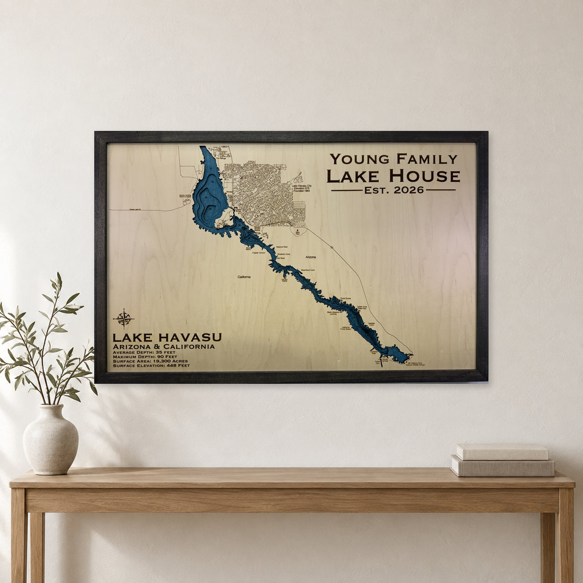 Havasu Young wood map — multilayer, staged room mockup