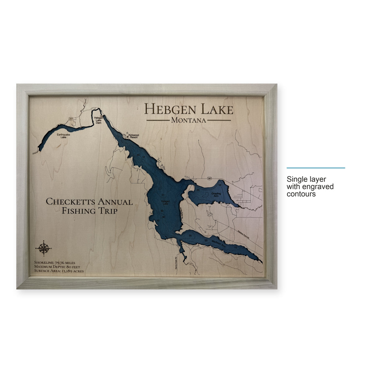 Hebgen Checketts wood map — single layer with engraved contours, layer option shown