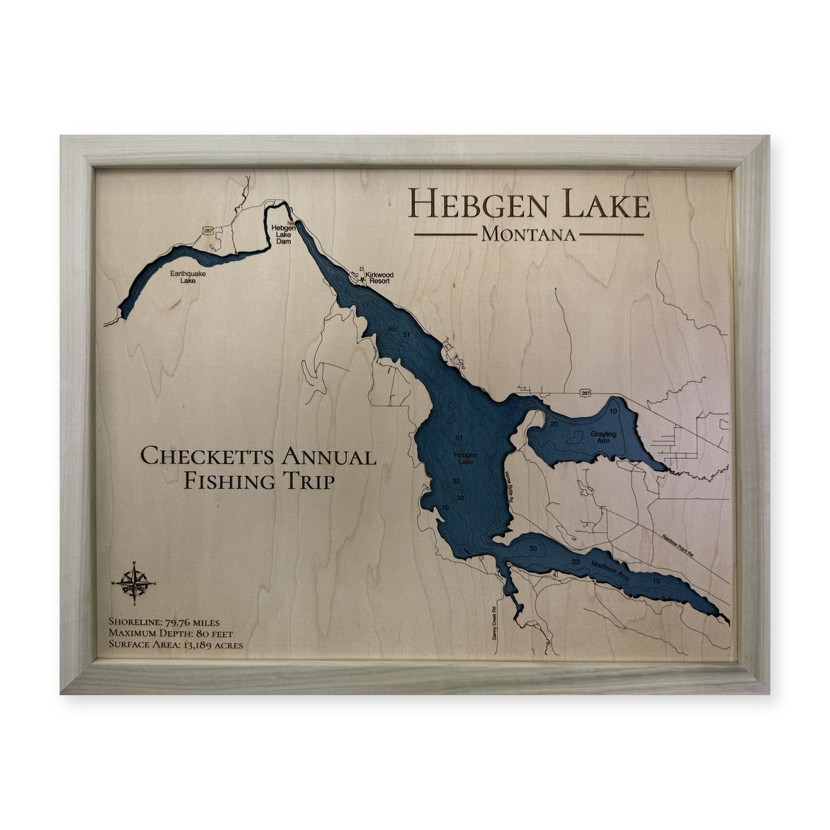 Hebgen Checketts wood map — single layer with engraved contours, white background