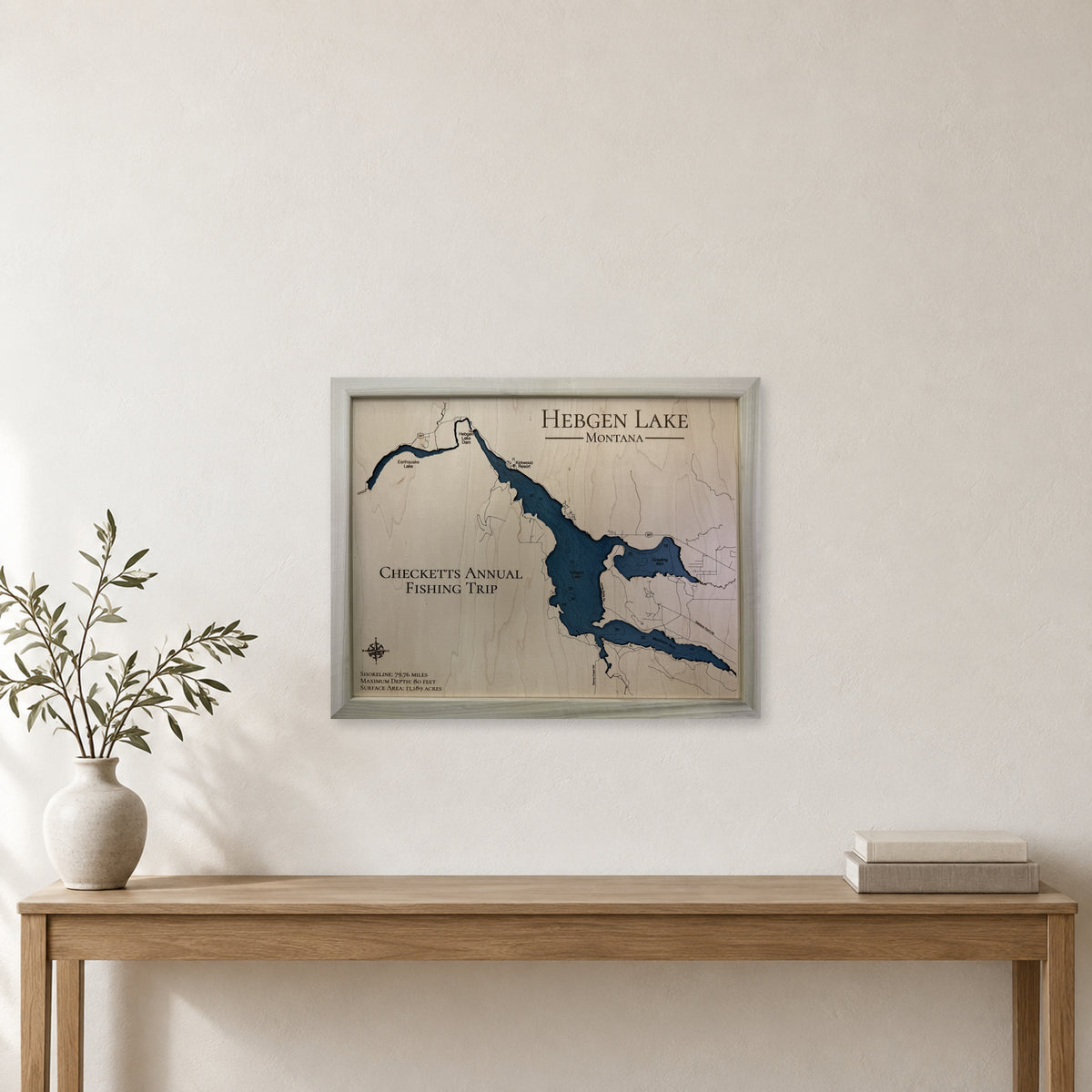 Hebgen Checketts wood map — single layer with engraved contours, staged room mockup