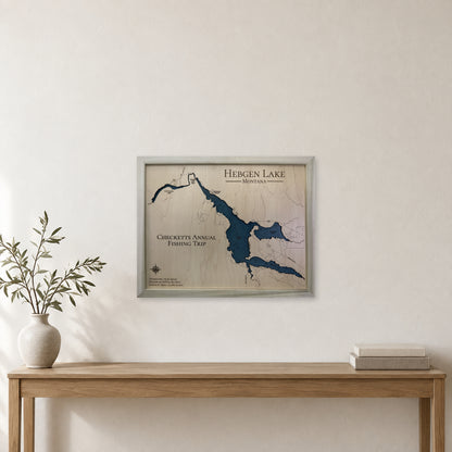 Hebgen Checketts wood map — single layer with engraved contours, staged room mockup
