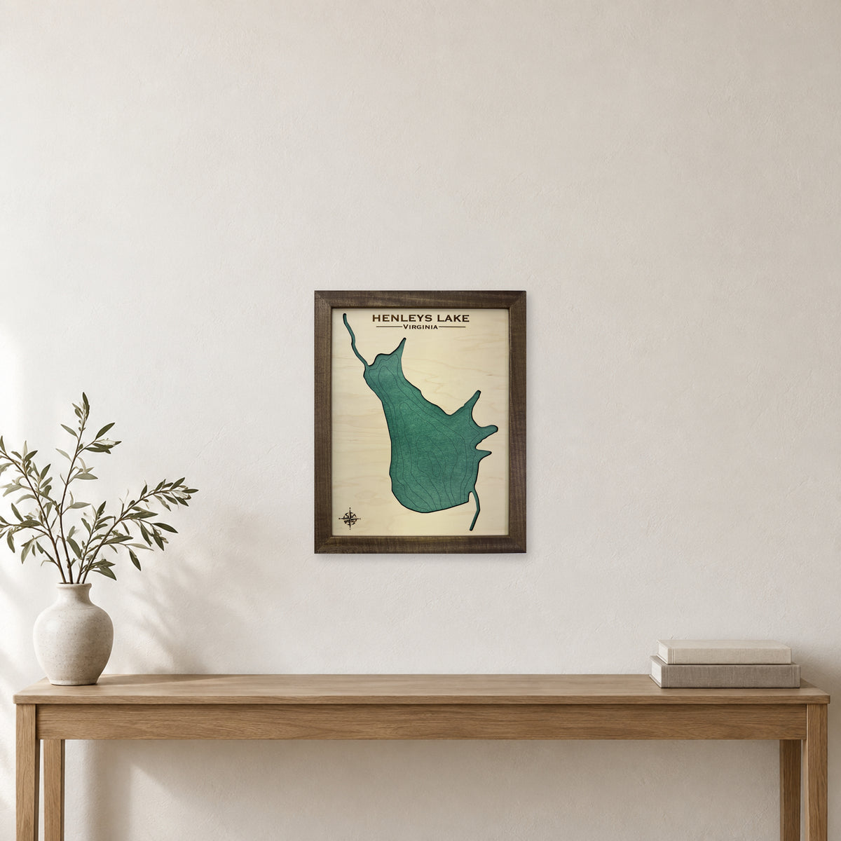 Henleys Virginia wood map — single layer with engraved contours, staged room mockup