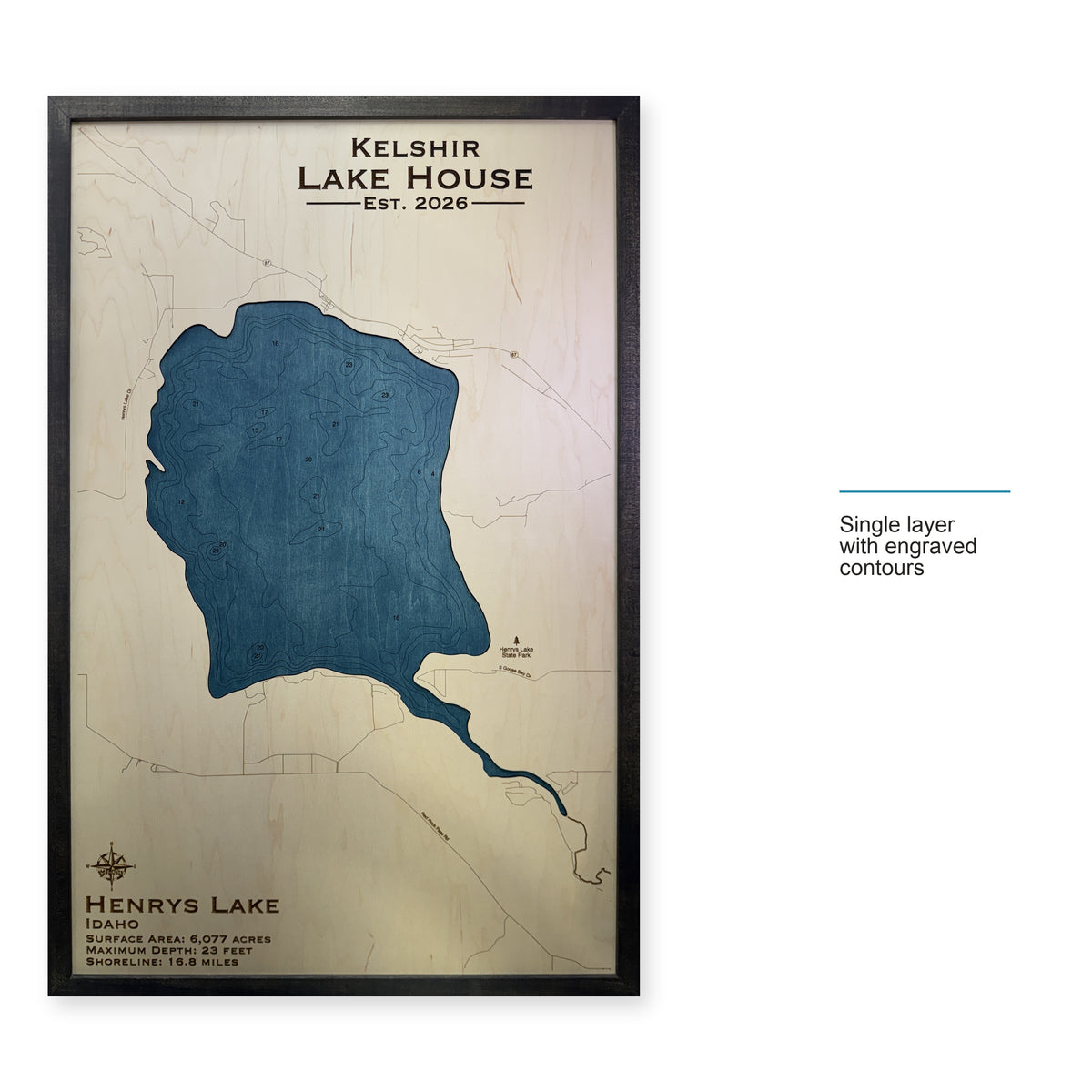 Henrys Kelshir wood map — single layer with engraved contours, layer option shown