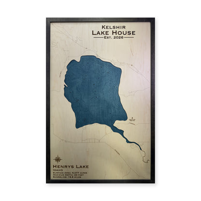 Henrys Kelshir wood map — single layer with engraved contours, white background