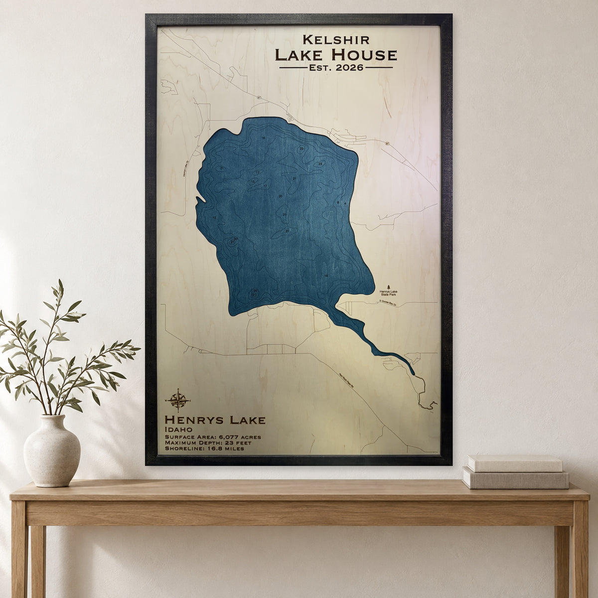 Henrys Kelshir wood map — single layer with engraved contours, staged room mockup