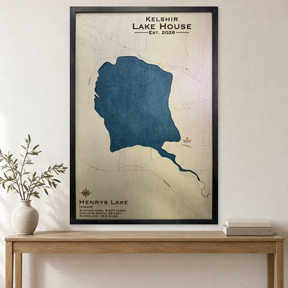Henrys Kelshir wood map — single layer with engraved contours, staged room mockup