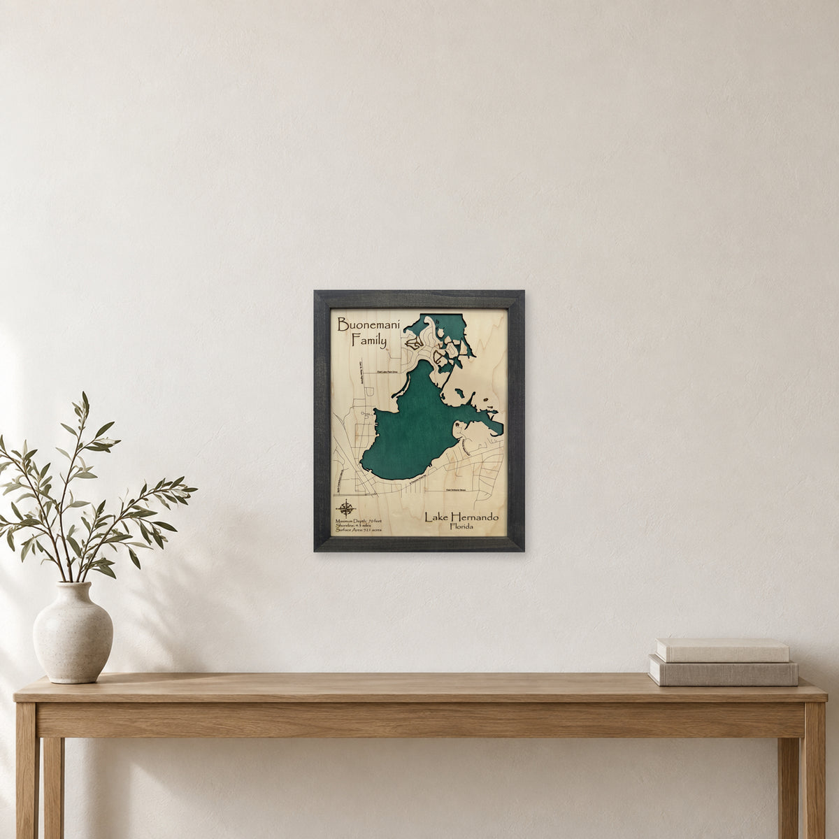 Hernando Buonemani wood map — single layer, staged room mockup