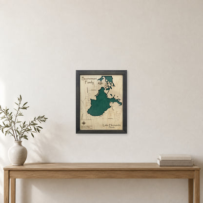 Hernando Buonemani wood map — single layer, staged room mockup