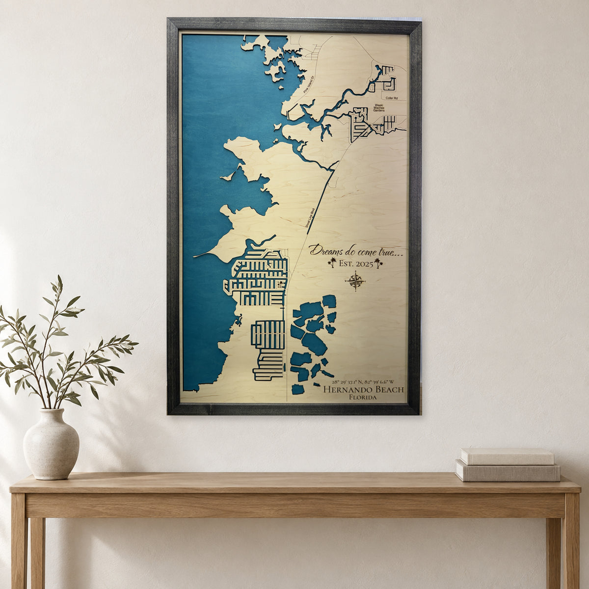 Hernando Leapley wood map — single layer, staged room mockup