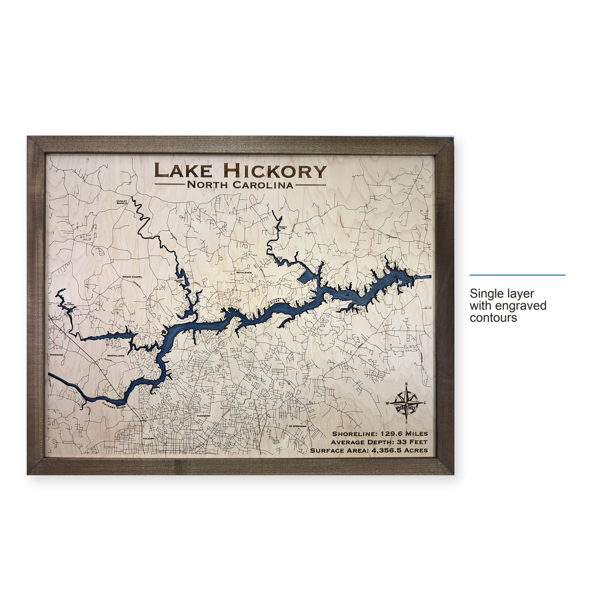 Hickory Engraved wood map — single layer with engraved contours, layer option shown