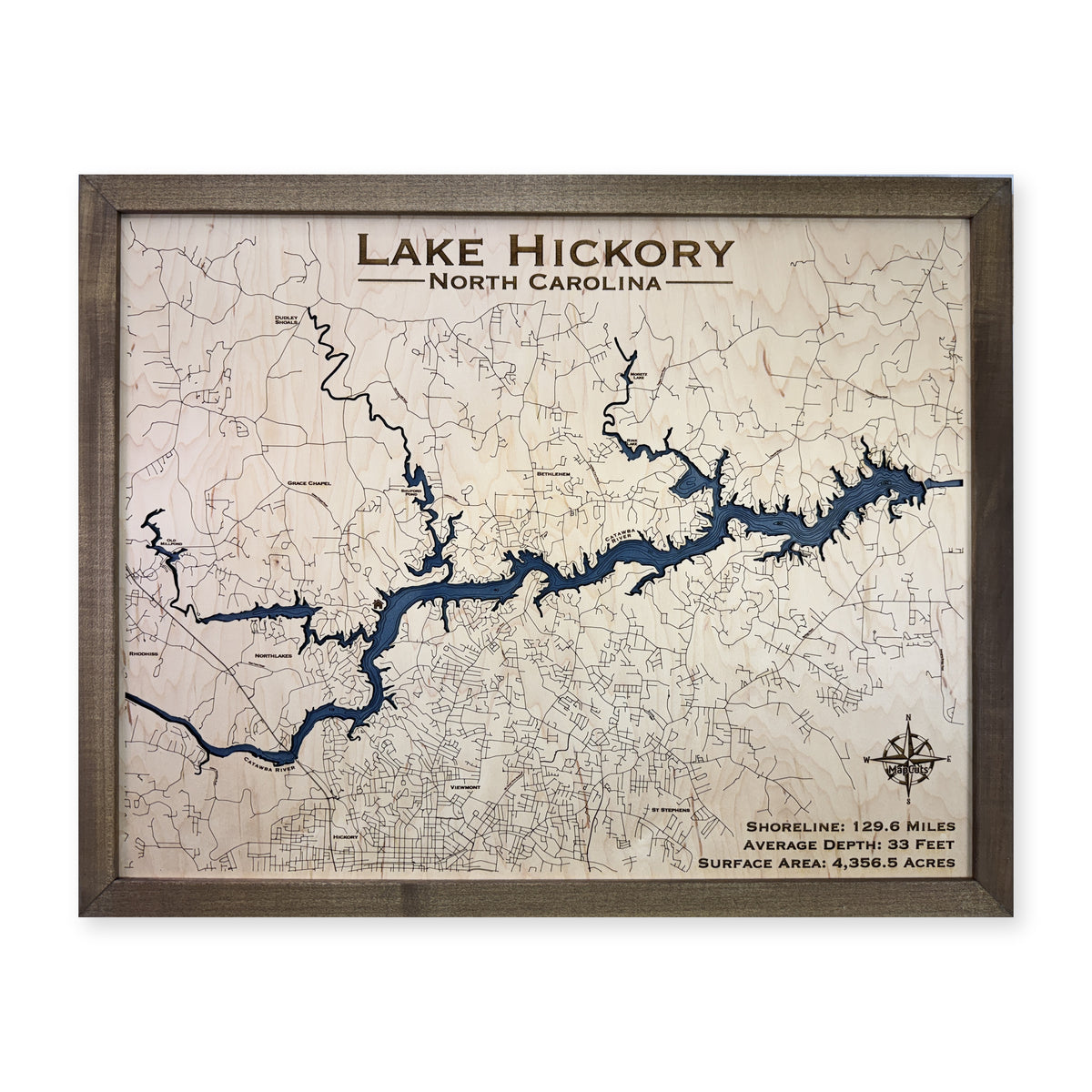 Hickory Engraved wood map — single layer with engraved contours, white background