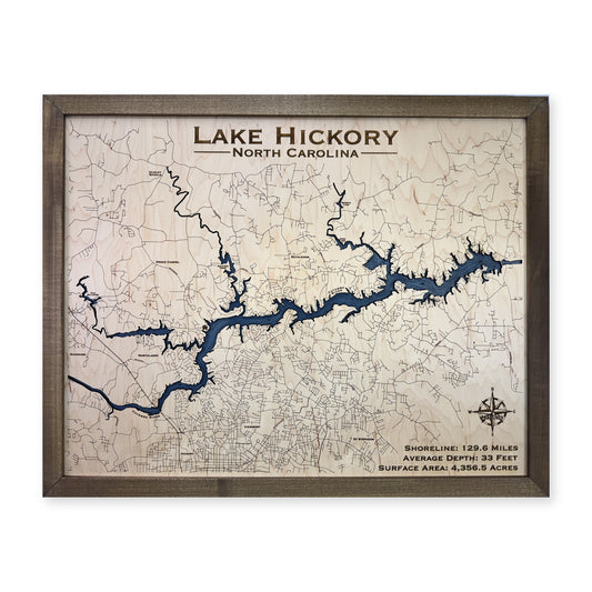 Hickory Engraved wood map — single layer with engraved contours, white background