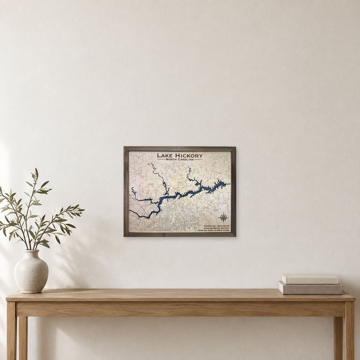 Hickory Engraved wood map — single layer with engraved contours, staged room mockup