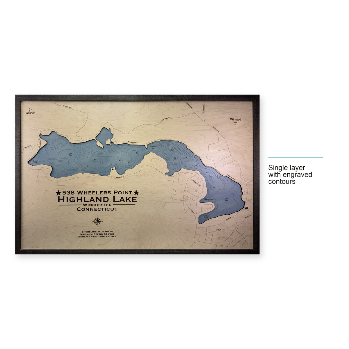Highland Wheelers wood map — single layer with engraved contours, layer option shown