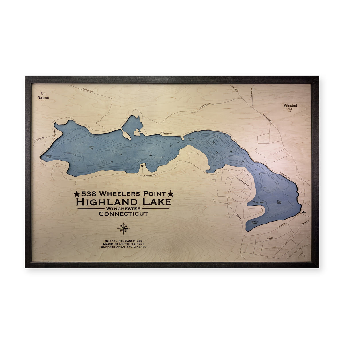Highland Wheelers wood map — single layer with engraved contours, white background