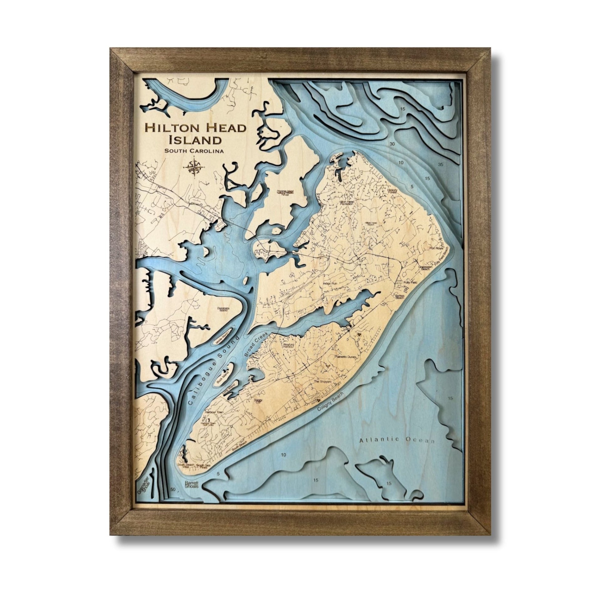 Multilayer wooden map of Hilton Head with light blue water stain. 
