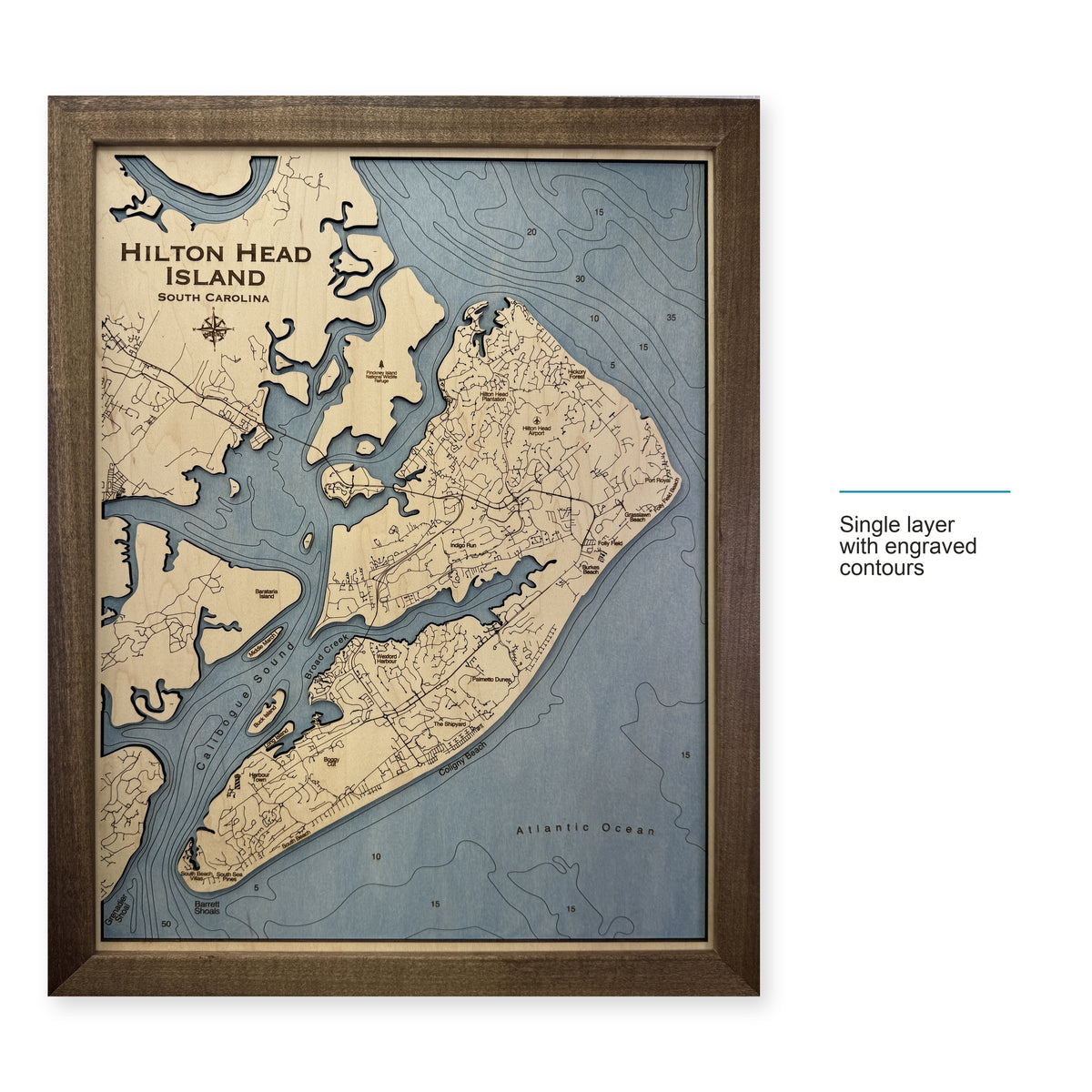 Hilton Head Engraved wood map — single layer with engraved contours, layer option shown