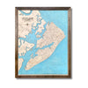 Engraved water layer wooden map of Hilton Head with light blue water stain. 