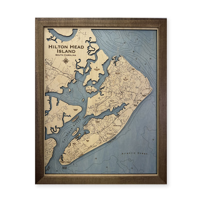 Hilton Head Engraved wood map — single layer with engraved contours, white background