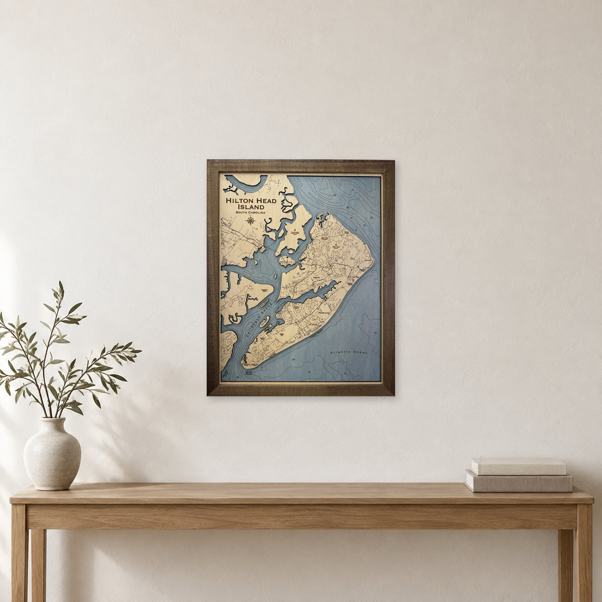 Hilton Head Engraved wood map — single layer with engraved contours, staged room mockup
