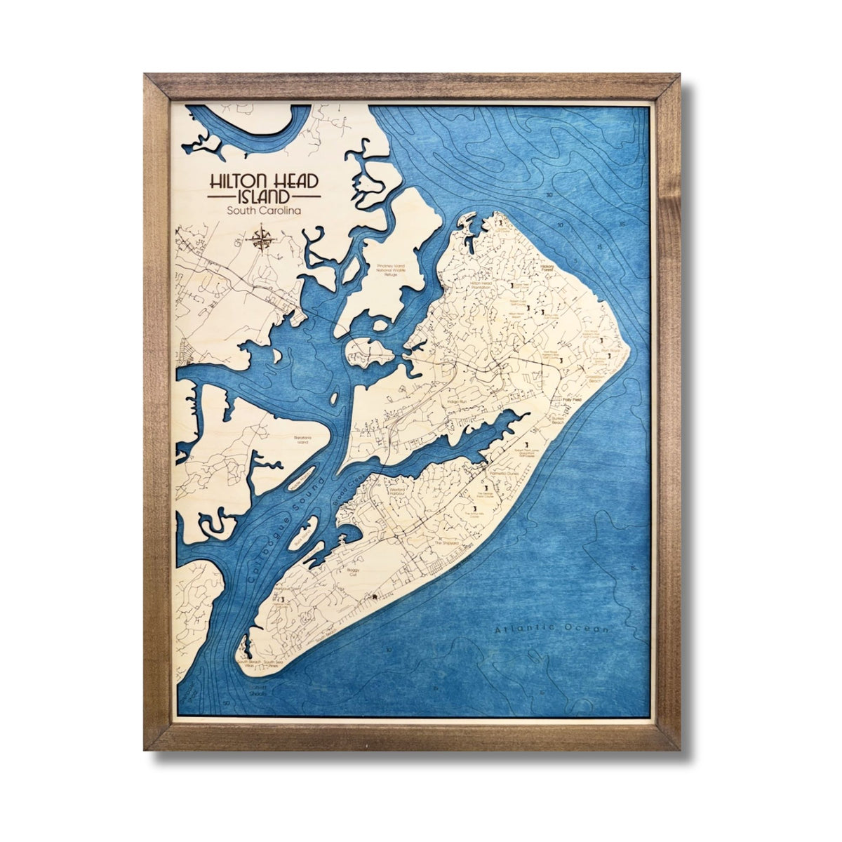 Engraved water layer map of Hilton Head with walnut frame. 