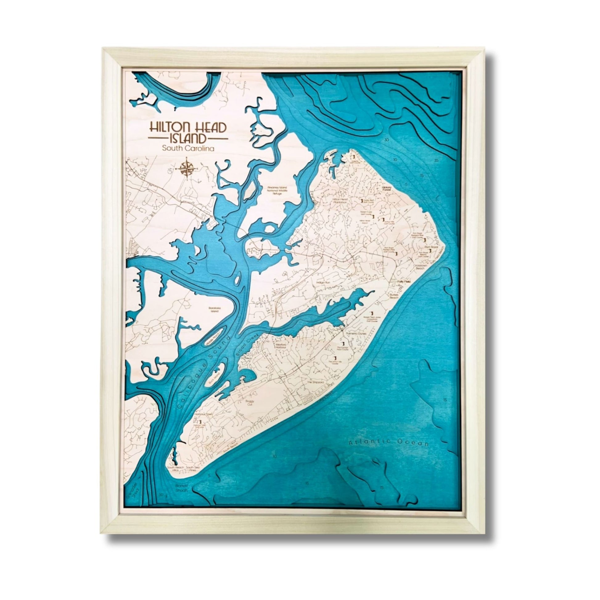 Hilton Head island map with 3D cut water layers and a natural frame. 