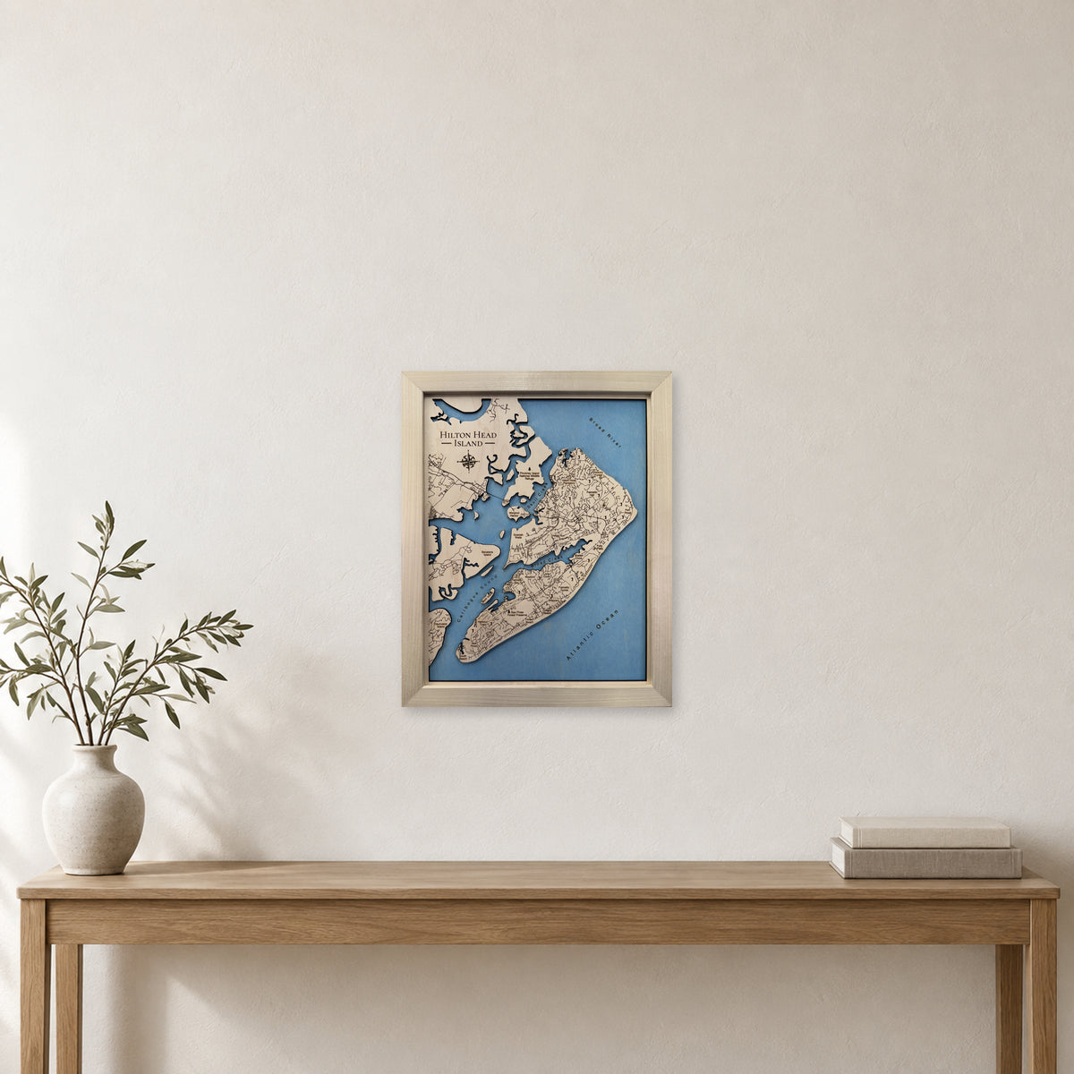 Hilton Head Natural wood map — single layer, staged room mockup
