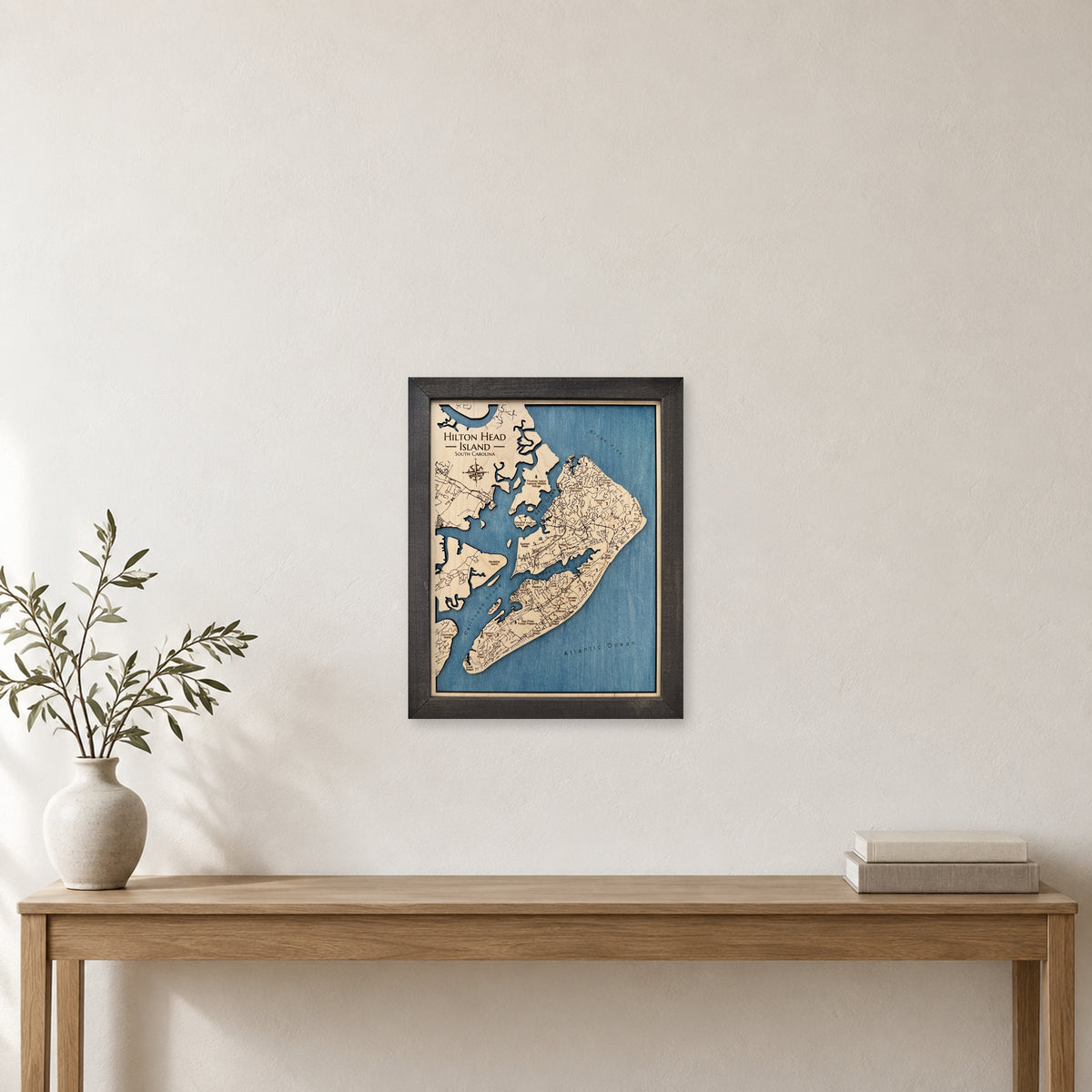 Hilton Head Oasis wood map — single layer, staged room mockup