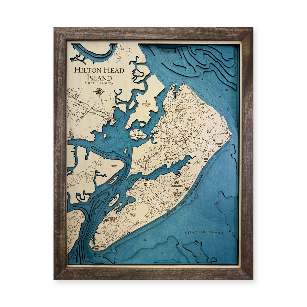 Hilton Head Quinn wood map — multilayer, white background