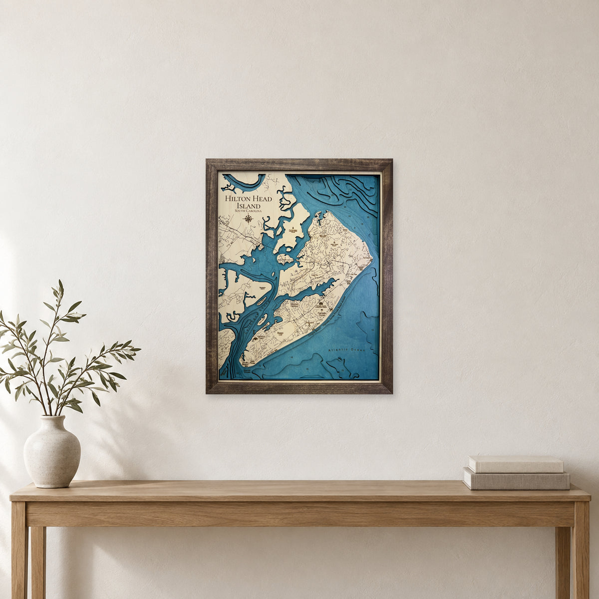 Hilton Head Quinn wood map — multilayer, staged room mockup
