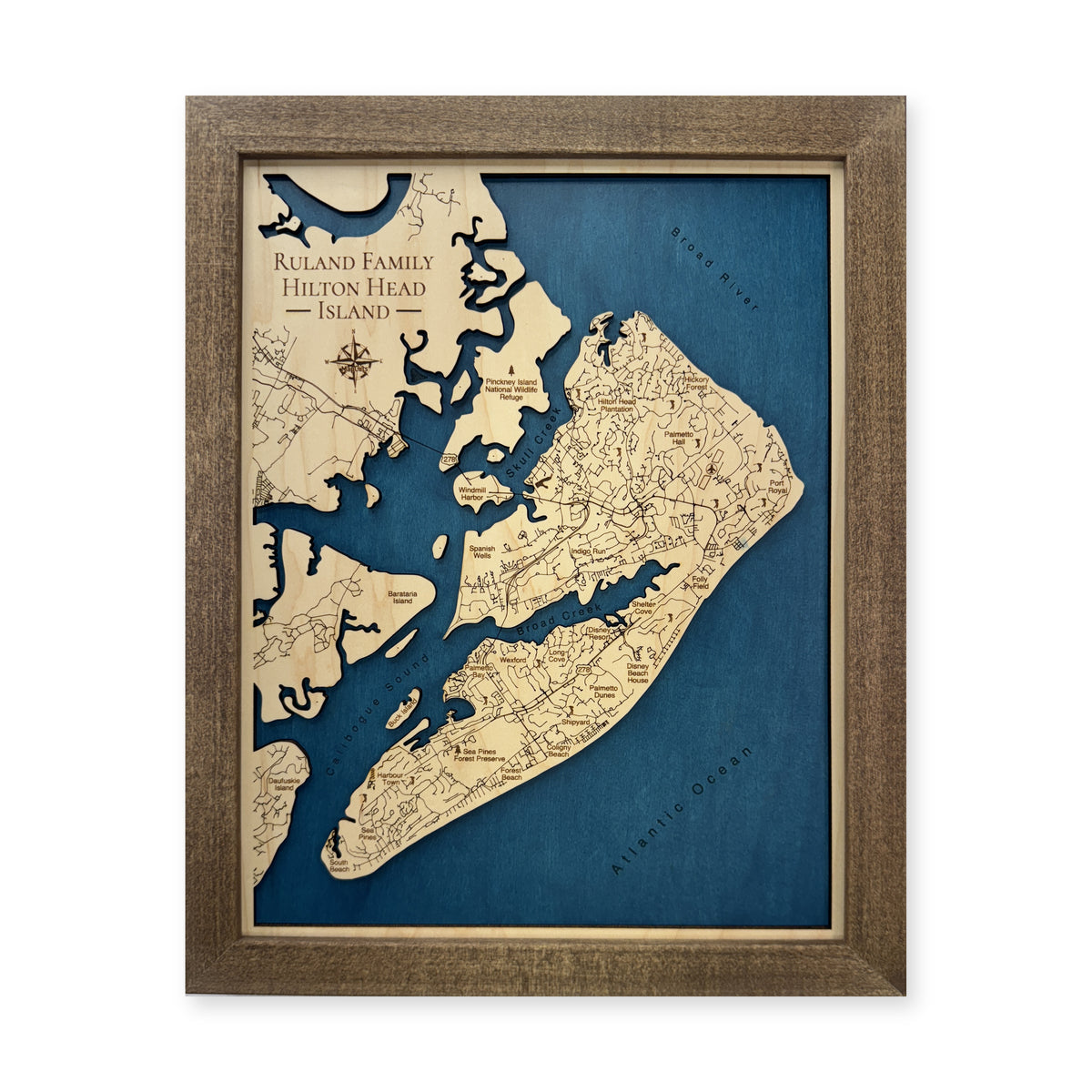 Hilton Head Ruland wood map — single layer, white background