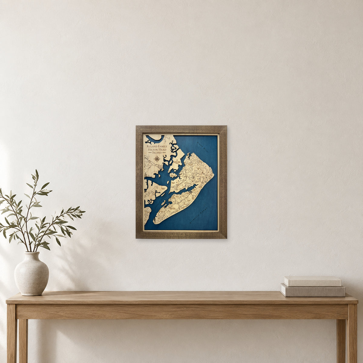 Hilton Head Ruland wood map — single layer, staged room mockup