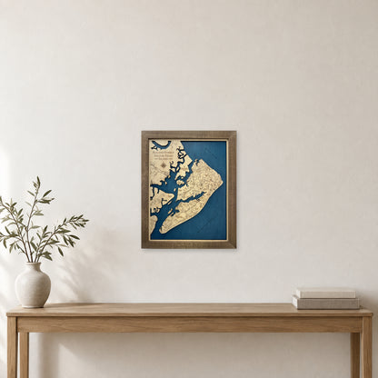 Hilton Head Ruland wood map — single layer, staged room mockup