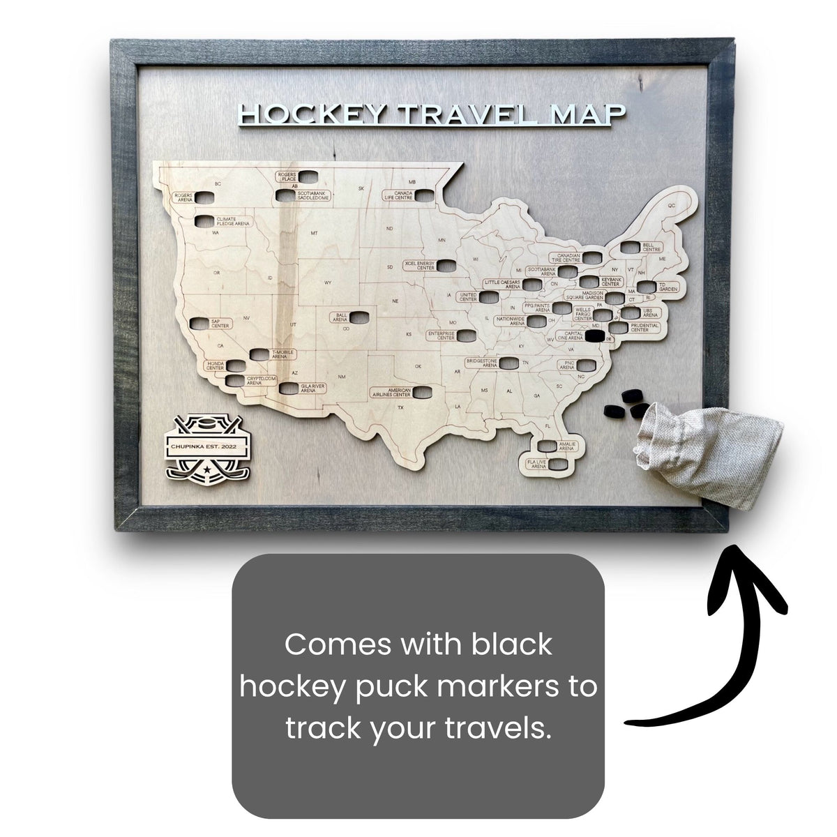 Hockey travel map with bag of removable hockey puck markers to track your travels. 