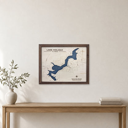 Holiday Blaskey wood map — single layer with engraved contours, staged room mockup