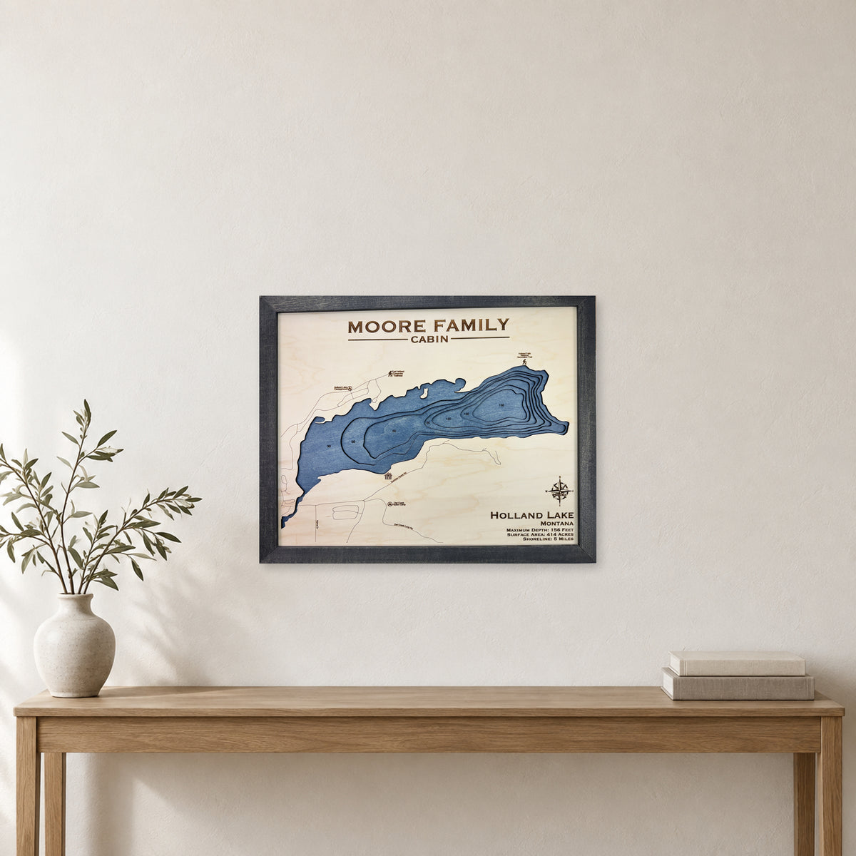 Holland Moore wood map — multilayer, staged room mockup