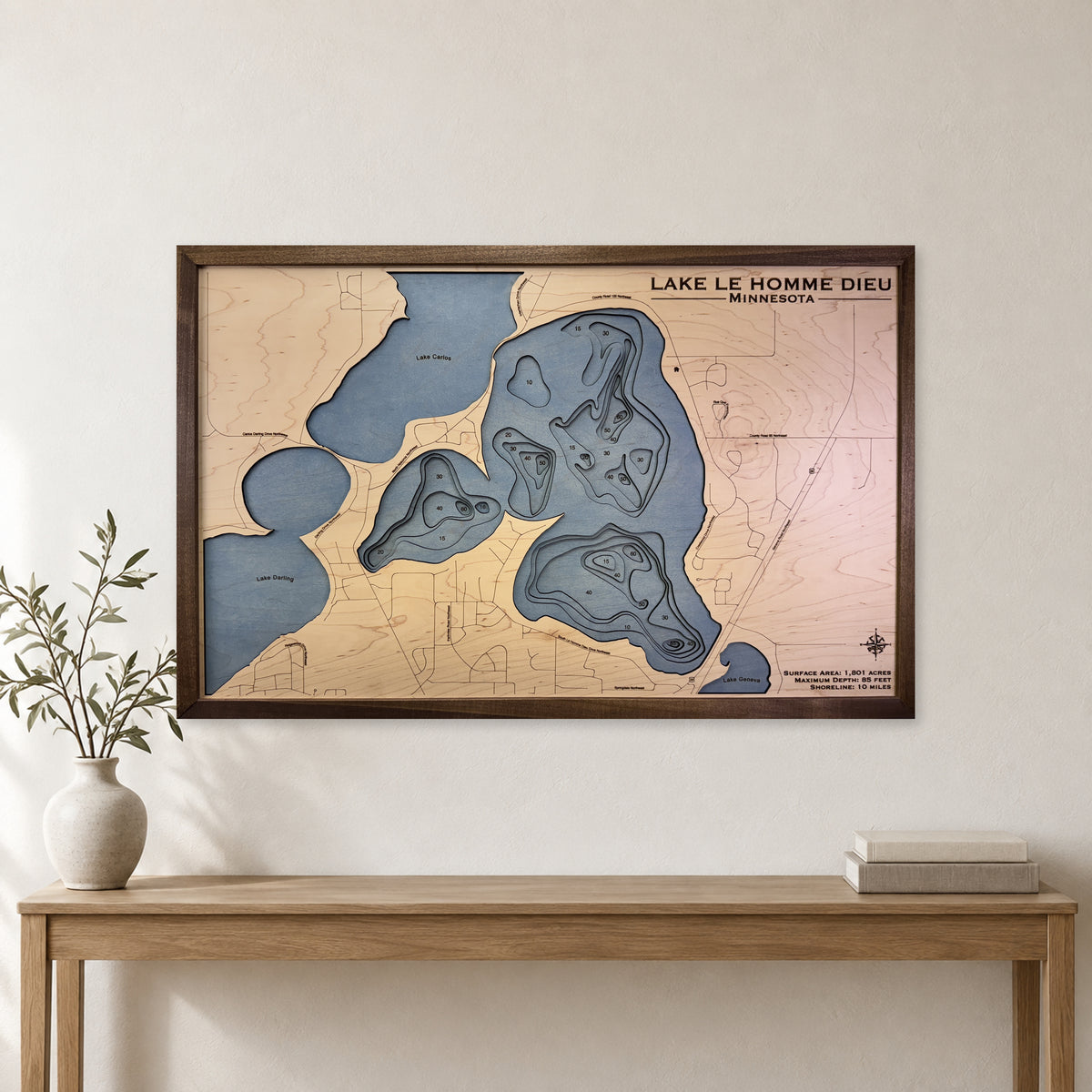 Homme Dieu wood map — multilayer, staged room mockup