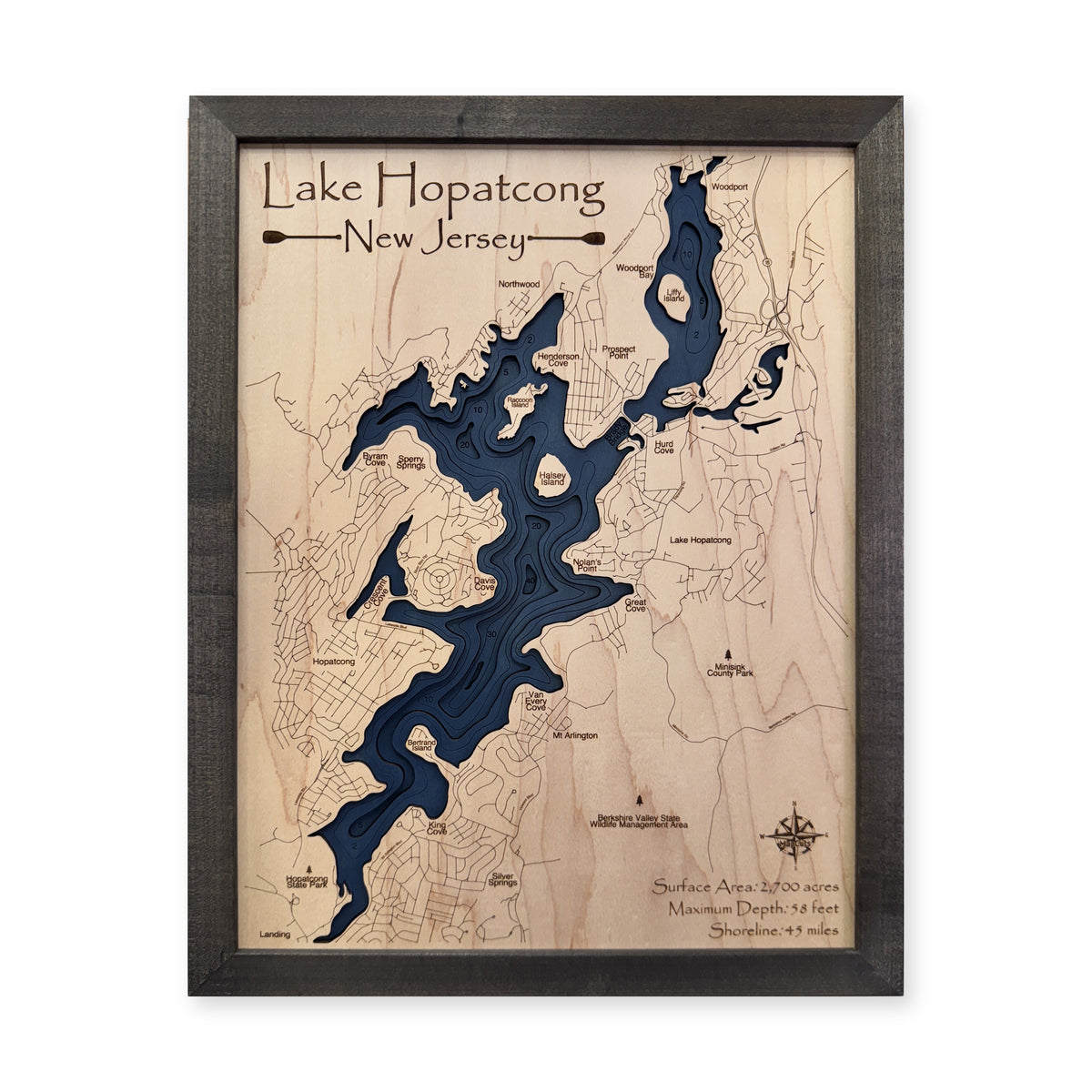 Hopatcong Charcoal Multi wood map — multilayer, white background