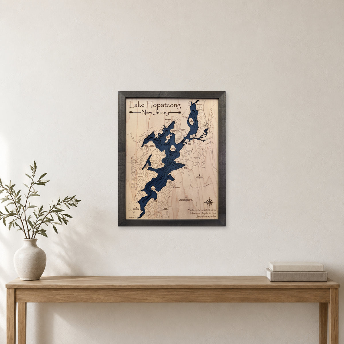 Hopatcong Charcoal Multi wood map — multilayer, staged room mockup
