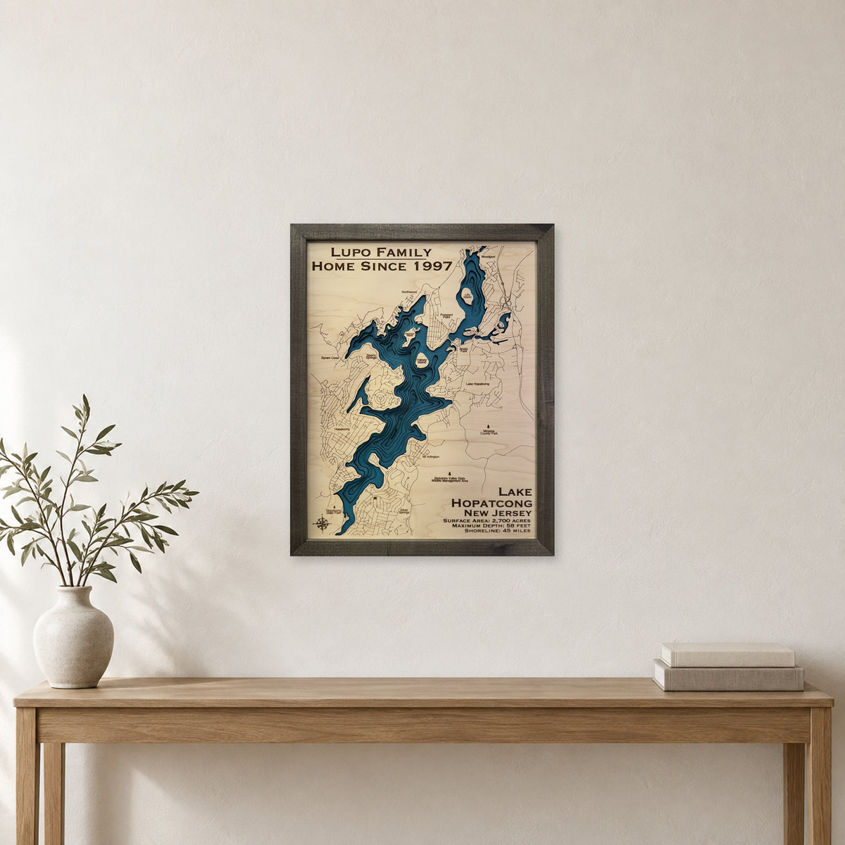 Hopatcong Lupo wood map — multilayer, staged room mockup