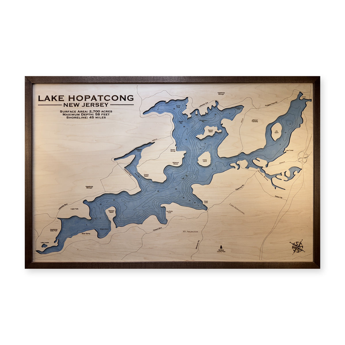 Hopatcong Rockett wood map — single layer with engraved contours, white background