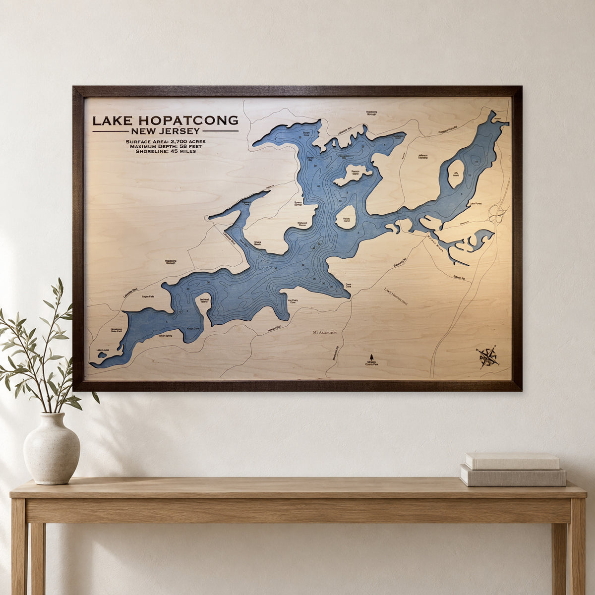Hopatcong Rockett wood map — single layer with engraved contours, staged room mockup
